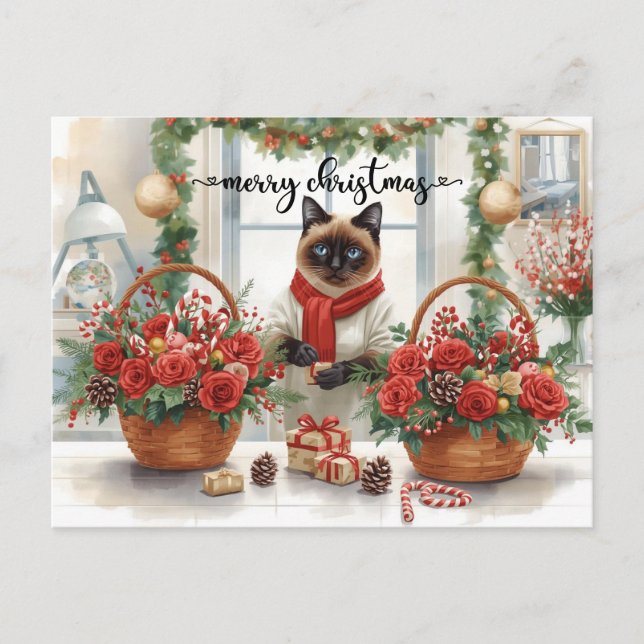 Postal Festiva Gato arreglando flores de invierno para las fiesta (Anverso)