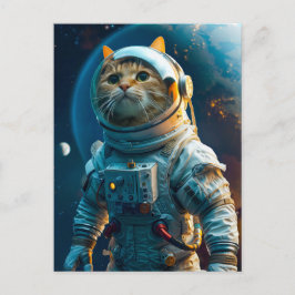 Postal Festiva Gato atigrado con traje de astronauta cerca de la 