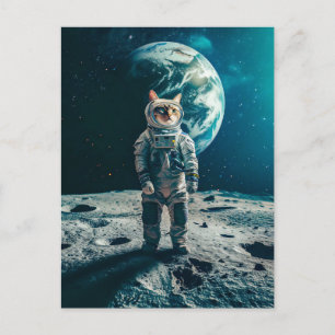 Postal Festiva Gato atigrado en la luna con la Tierra detrás
