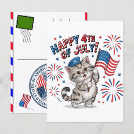 Postal Festiva Gato Atigrado Pata Felino EE. UU. Día de la Indepe