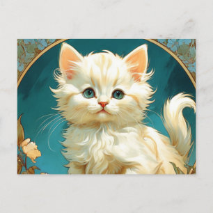 Postal Festiva Gato blanco Alphonse Mucha Art Nouveau