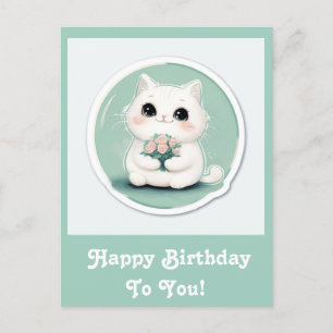 Postal Festiva Gato blanco lindo cumpleaños feliz personalizado