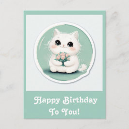 Postal Festiva Gato blanco lindo cumpleaños feliz personalizado