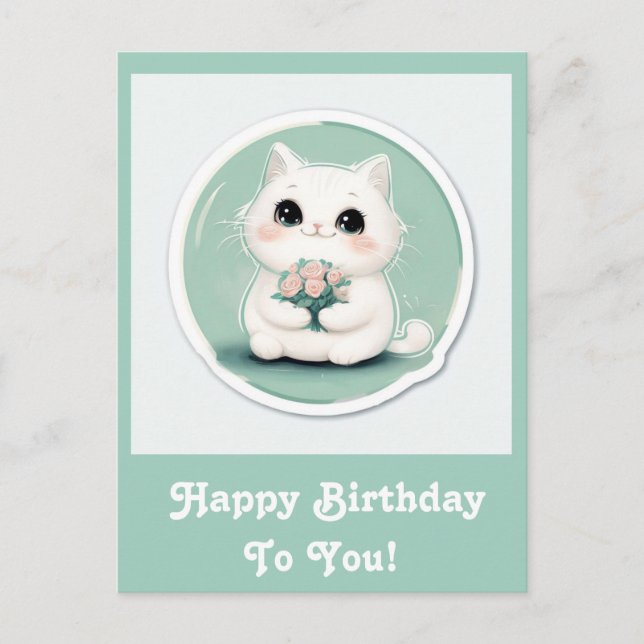 Postal Festiva Gato blanco lindo cumpleaños feliz personalizado (Anverso)