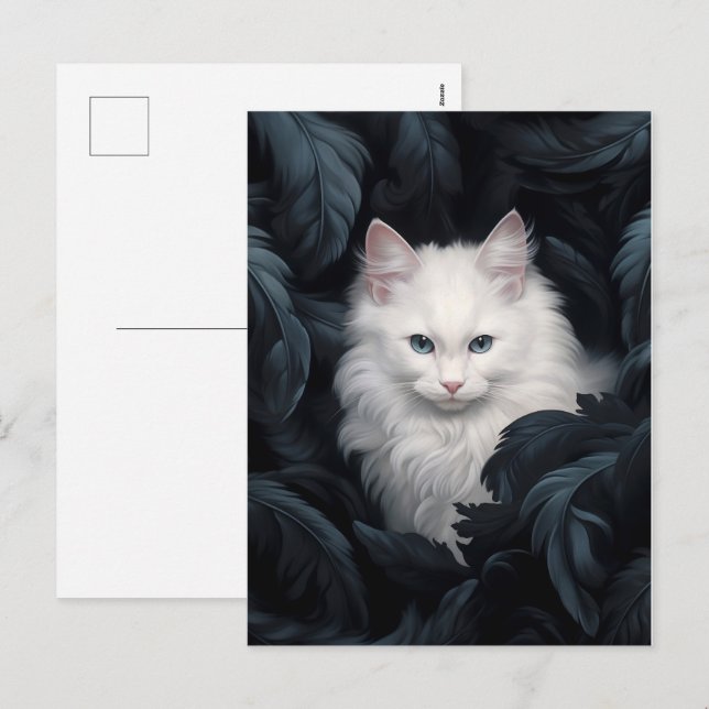 Postal Festiva Gato Blanco Mugre Cubierto Sentado Entre Las Hojas (Anverso / Reverso)