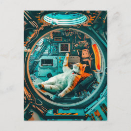 Postal Festiva Gato blanco naranja en cabina de nave espacial