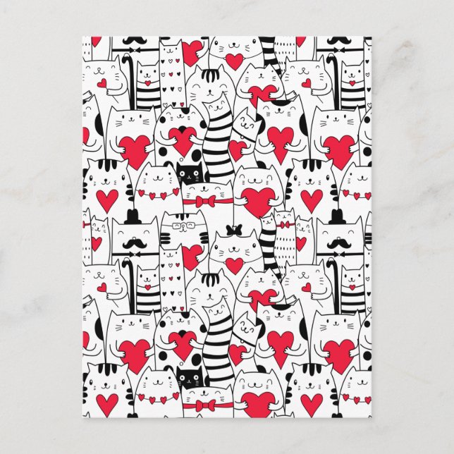 Postal Festiva Gato blanco negro lindo Corazón rojo (Anverso)