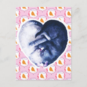 Postal Festiva Gato Blanco Negro Pájaro Amor Acuarela