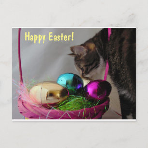 Postal Festiva Gato con canasta de Pascua