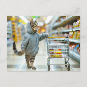 Postal Festiva Gato con cesta de la compra en pasillo de supermer