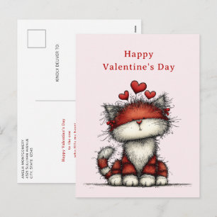 Postal Festiva Gato con Corazones de Amor Rojo Día de San Valentí
