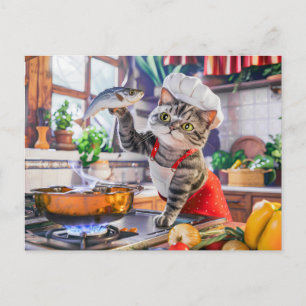 Postal Festiva Gato con sombrero de chef cocinando con verduras y