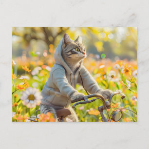 Postal Festiva Gato con sudadera ciclando por prado estival