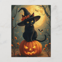 Postal Festiva Gato De Bruja De Halloween En Una Calabaza
