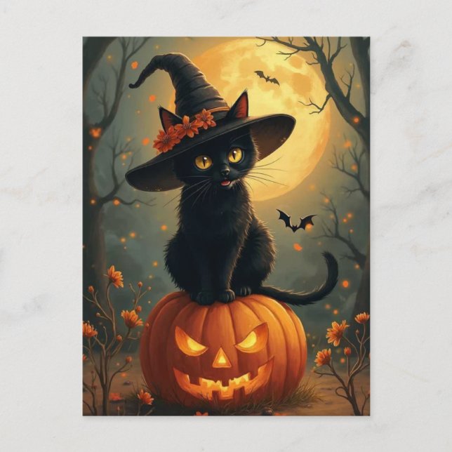 Postal Festiva Gato De Bruja De Halloween En Una Calabaza (Anverso)