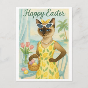 Postal Festiva Gato de Brunch de Pascua en Vestido de Limón 