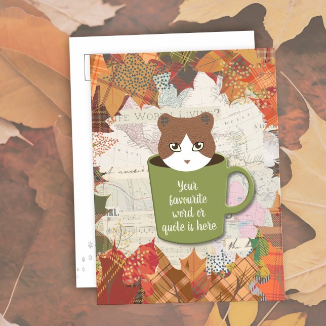 Postal Festiva Gato de caída rota (Fall Break Cat Postcards are on the ground with fallen leaves.)