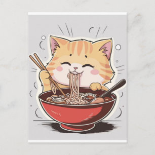 Postal Festiva Gato de dibujos animados lindo comiendo fideos con