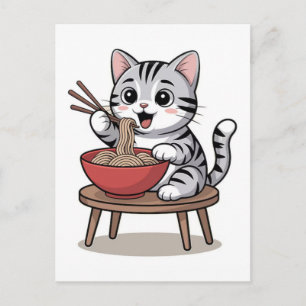 Postal Festiva Gato de dibujos animados lindo comiendo fideos con