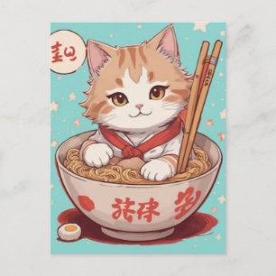 Postal Festiva Gato de dibujos animados lindo comiendo fideos con