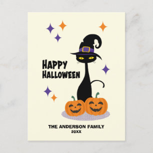 Postal Festiva Gato de Halloween Atómico de Mitad de Siglo