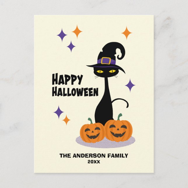 Postal Festiva Gato de Halloween Atómico de Mitad de Siglo (Anverso)