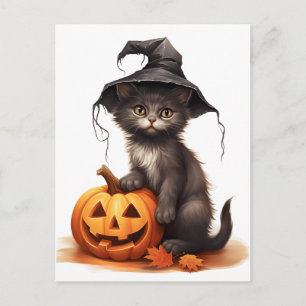 Postal Festiva gato de Halloween con calabazas