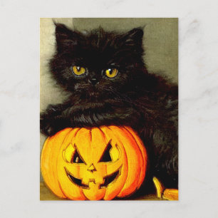 Postal Festiva Gato de Halloween vintage y linterna de Jack-o