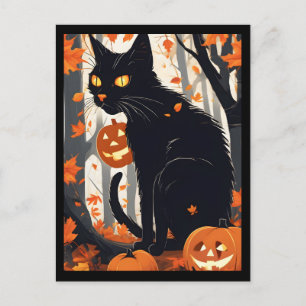 Postal Festiva Gato de Halloween y calabazas