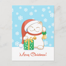 Postal Festiva Gato de Navidades blancos en un Gorra rojo