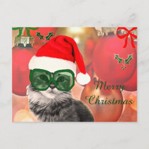 Postal Festiva Gato de navidades con gorra de Santa María