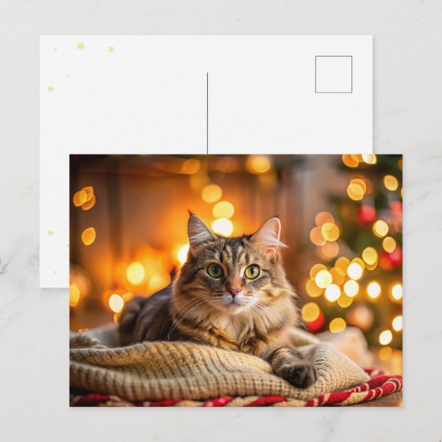 Postal Festiva Gato de Navidades de corte (Anverso / Reverso)