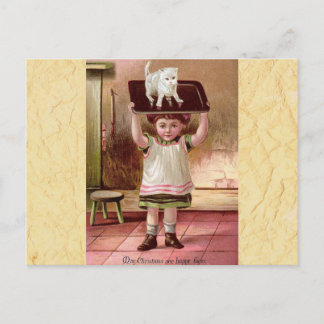 Postal Festiva Gato de Navidades victorianos de época en bandeja