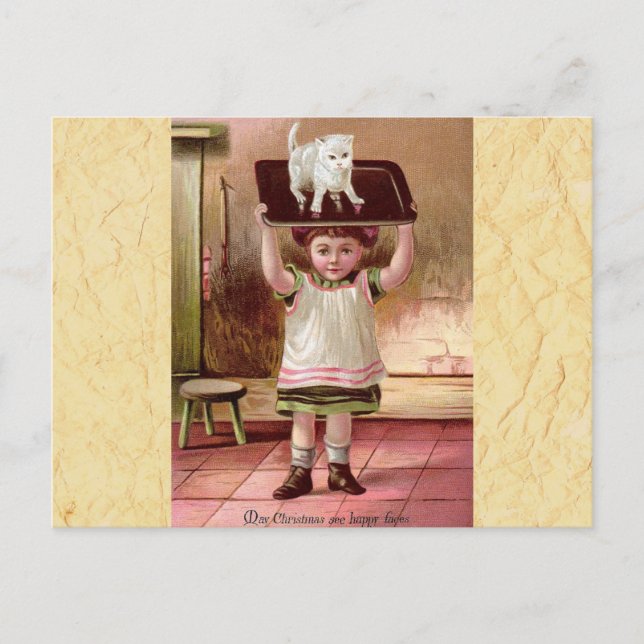 Postal Festiva Gato de Navidades victorianos de época en bandeja  (Anverso)