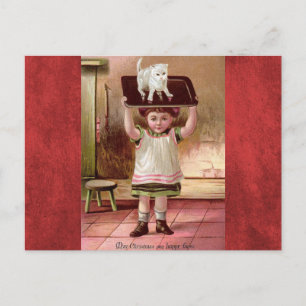 Postal Festiva Gato de Navidades victorianos de época en bandeja 