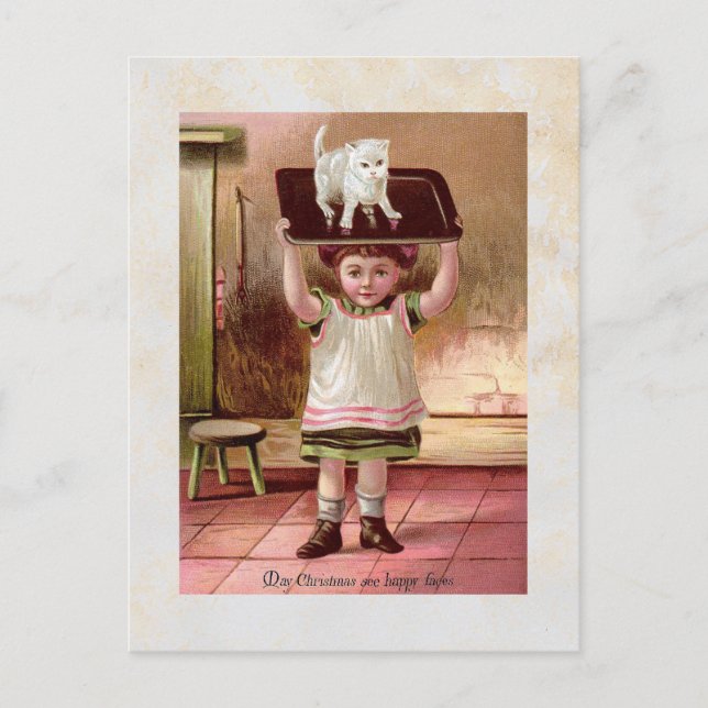 Postal Festiva Gato de Navidades victorianos de época en bandeja  (Anverso)