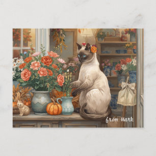 Postal Festiva Gato de otoño con flores - Acción de Gracias de ot