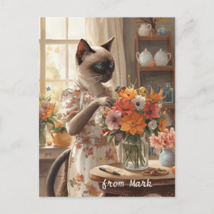 Postal Festiva Gato de otoño con flores - Acción de Gracias de ot