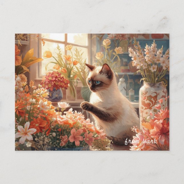 Postal Festiva Gato de otoño con flores - Acción de Gracias de ot (Anverso)