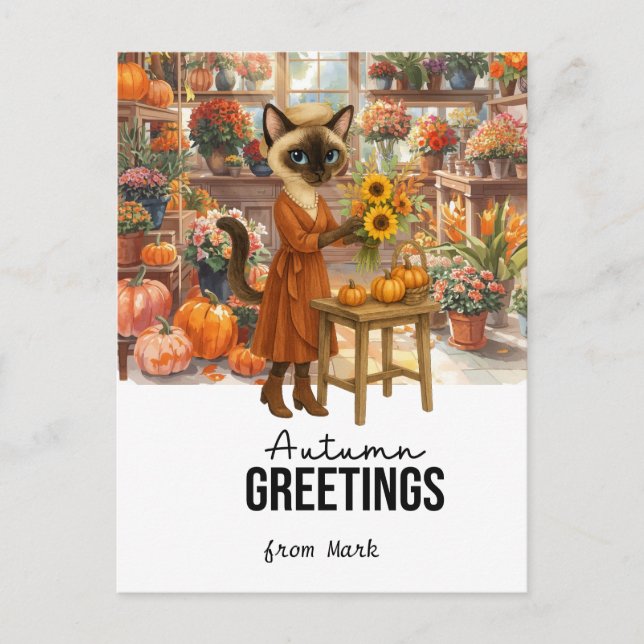 Postal Festiva Gato de otoño con flores - Acción de Gracias de ot (Anverso)