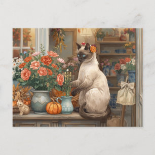 Postal Festiva Gato de otoño con flores - Acción de Gracias de ot