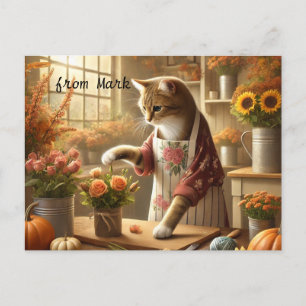Postal Festiva Gato de otoño con flores - Saludo de temporada de 