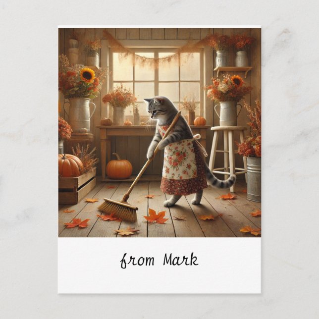 Postal Festiva Gato de otoño con flores - Saludo de temporada de  (Anverso)