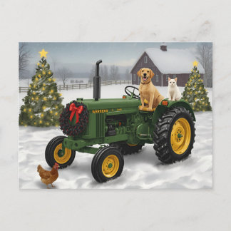 Postal Festiva Gato de perro del Tractor de Granjas Vintage
