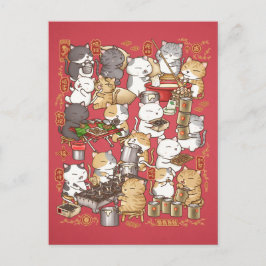 Postal Festiva Gato del Año Nuevo Chino haciendo Kuih Kapit