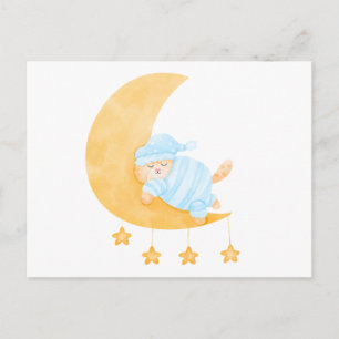 Postal Festiva Gato dormido en acuarela adorable en luna crecient