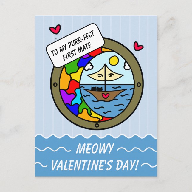 Postal Festiva Gato dulce Adventure Sailboat Valentine (Anverso)