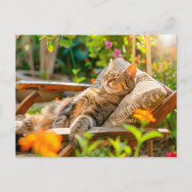 Gato durmiendo en silla de jardín entre flores