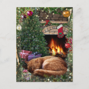 Postal Festiva Gato durmiendo junto a la chimenea en Navidades