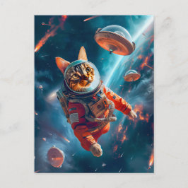 Postal Festiva Gato espacial aventurero flotando con gracia más a